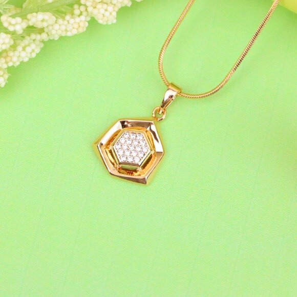 "Geometric Rose Gold Pendant with Crystal Hexagon, XPPT1575 - Picture 12 of 13